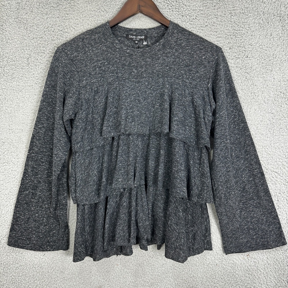David Lerner Tiered Ruffle Top Women XS Gray Long Sleeve Feminine Minimalist NWT